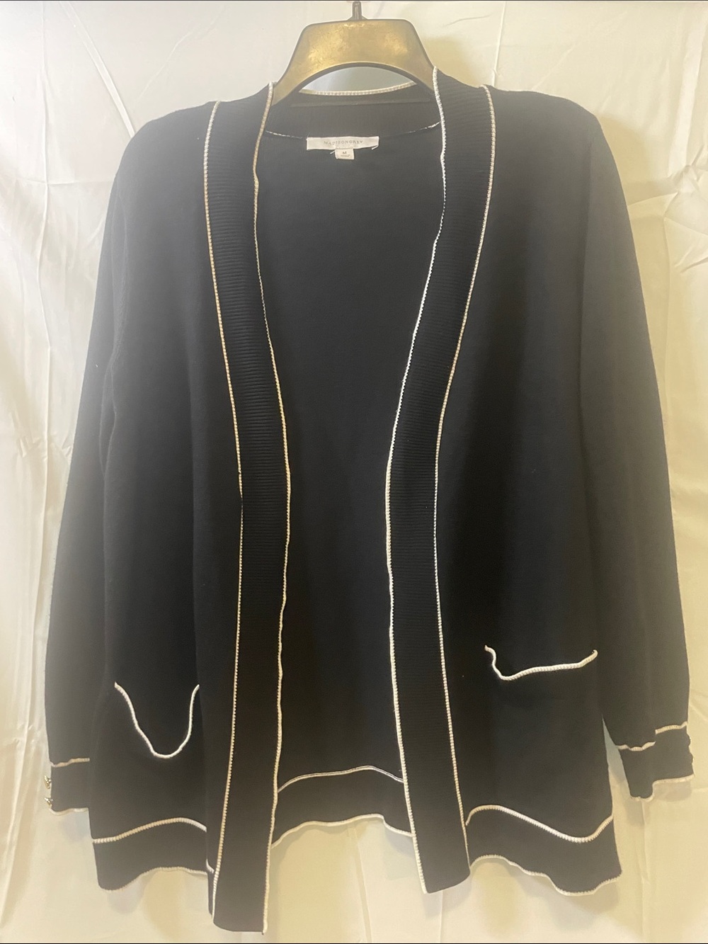 Madison Grey Black Open-Front Women's Sweater Cardigan with White Trim